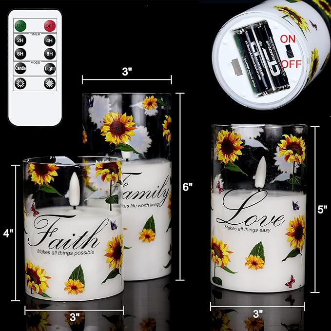 DRomance Sunflower Glass Flameless Candles Battery Operated with Remote and Timer LED Flickering Pillar Candles Real Wax 3D Wick Dinner Holiday Decor 3 x 4, 5, 6 Inches