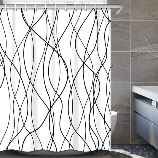 Punkray Black and White Striped Wavy Line Polyester Shower Curtain for Bathroom with Hooks, Weighted Hem, Waterproof Bath Accessories Hotel Style, 72 x 78