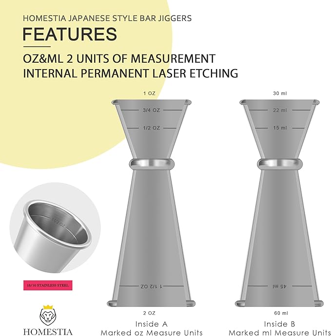 Homestia Premium Japanese Cocktail Jigger - 2 OZ 1 OZ Double Bartending Jigger, Shot Measure Jiggers, 304 Stainless Steel with Measurements - Bar Jigger Bartender Tool Accessories - Silver