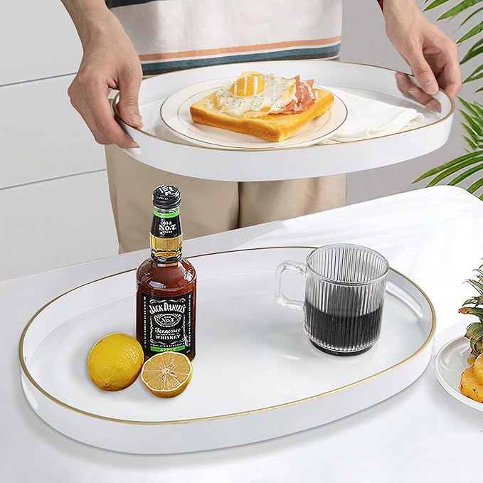 MAONAME White Serving Trays with Handles, Oval Decorative Trays for Coffee Table, Nesting Tray Set of 2, Plastic Vanity Tray for Ottoman, Living Room