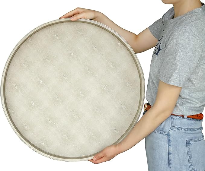 HofferRuffer Large Round Serving Tray 24'', Elegant Faux Leather Circle Ottoman Table Tray, Serve Tea Coffee Breakfast in Bedroom Living Room Kitchen (Cream White)