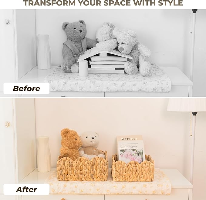 KOKODO Set of 2 Scalloped Wicker Baskets, Handwoven Water Hyacinth Decorative Bins with Handles for Home Decor & Organizing