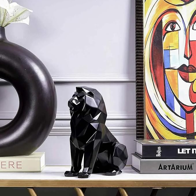 Black Lion Statue for Home Decor Geometric Style Sitting Black Lion Figurine Home Decorative Showpiece, Lion Idol for Office Decoration, Handmade Animal Statue Resin, Size 7.67 inch