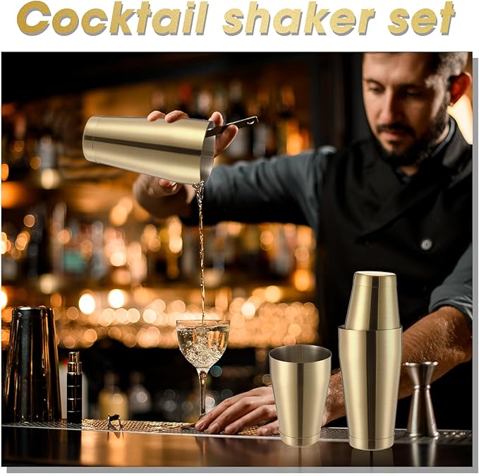 Sabary 6 Pcs Cocktail Shakers Professional Bar Shaker Boston Set Stainless Steel Martini Drink Mixer Basic Tool Weighted Shake Metal Can Cocktail Shaker Set, 18 Oz, 28 oz (Sanding Gold)