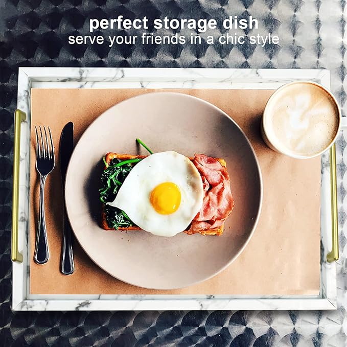 MCBZ Home Living Decor Tray, Coffee Table Tray,Ottoman Tray,Marbled Leather Tray, Serving Trays with Handles 16.5 * 12.6 Inch (White)