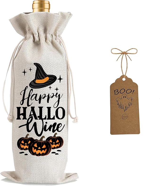 1Pcs Happy Hallo Gifts Wine Bag,Halloween Wine Bag Happy Hallo wine Halloween Gifts Party Decorations for Women Men with 1Pcs Kraft Blessing Cards and natural jute rope