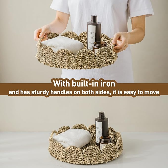 Wicker Tray, Handwoven Woven Tray with Handles and Scalloped Edge, Round Wicker Basket for Home Decor and Organizing, 13" L x 13" W x 3.5" H