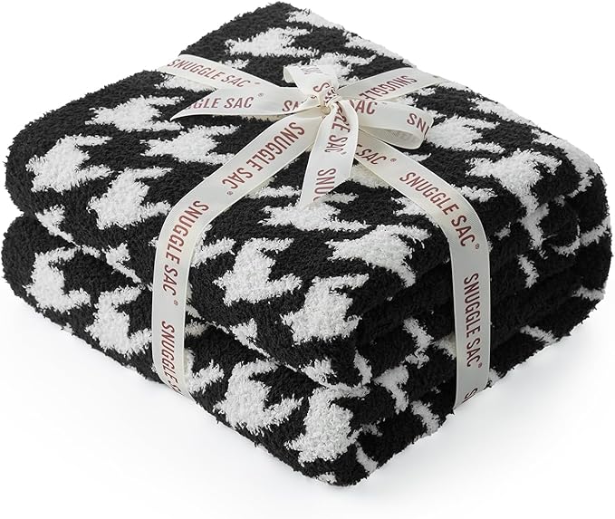 Snuggle Sac Houndstooth Throw Blanket for Couch, Reversible Super Soft Warm Blankets Cozy Knit Fuzzy Plush Lightweight Throws for Sofa, Bed, Camping, Black,50x60 inches