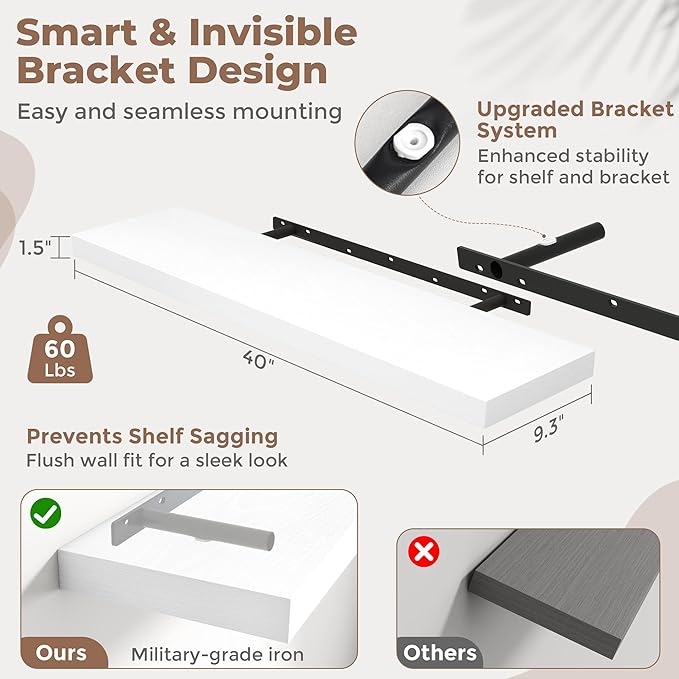 Floating Shelves for Wall with Invisible Brackets, Wall Mounted Engineered Wood Shelves with Wood Grain for Living Room, Bedroom, Bathroom, Kitchen Decor and Storage, Oak, 40"L Set of 2, White