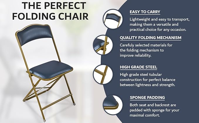 Folding Chairs with Padded Seats 4 Pack - Foldable Chair with Heavy-Duty Steel Frame, Elegant Party Bridge Chairs, Metal Folding Chair for Outside, Home, Office, Indoor & Outdoor Events - Gold/Navy