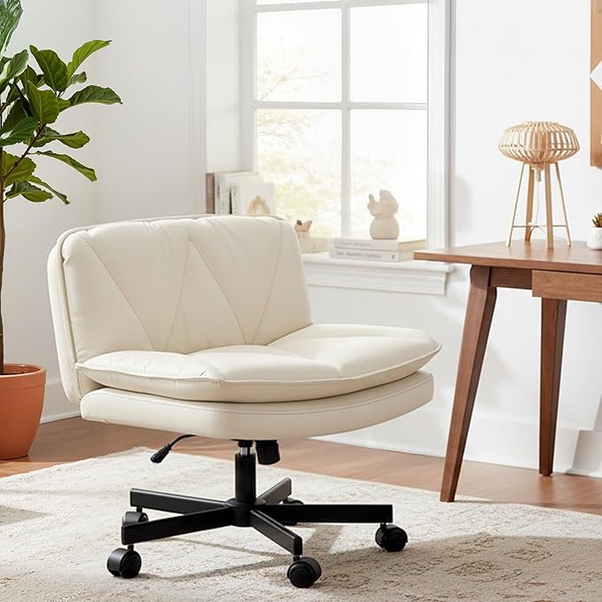 Armless Criss Cross Chair with Wheels, Leather Cross Legged Office Chair with 2-Layer Cushion,Swivel Modern Home Office Desk Chair 25.5" Wide Seat Height Adjustable,Comfy Vanity Chairs,Beige