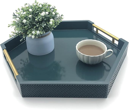Serving Tray with Polished Metal Handles, Hexagon Coffee Table Tray, Modern Rectangle Decorative Tray, Large Ottoman Tray, Perfect for Storage and Display (Teal Hexagon)