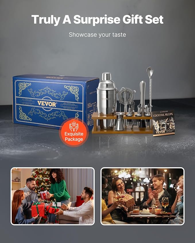 VEVOR Cocktail Shaker Set, 18-Piece Stainless Steel Bar Tools with Bamboo Stand, Martini Bartender Kit Accessories | Mixer Spoon, Muddler, Jigger, Strainer, Liquor Pourers, Ice Tong, Corkscrew, Silver