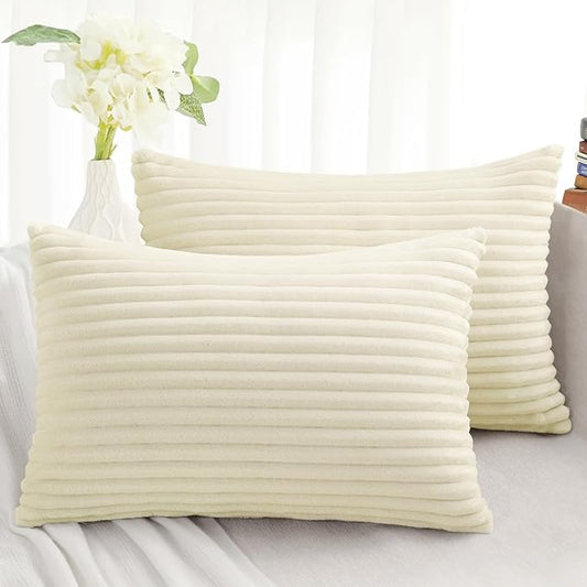 Simmore Decorative Fall Throw Pillow Covers 12x20 Set of 2, Soft Natural Plush Flannel Double-Sided Fluffy Lumbar Pillow Covers for Couch Sofa Living Room, Beige