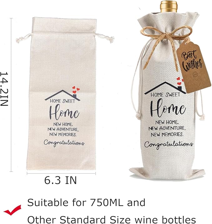 2Pcs Housewarming Gifts New Home Wine Bag,Perfect Gifts for New Homeowners, Realtor Gift to Clients,New Home Wine Bag For Friends, with 2Pcs Kraft Blessing Cards and natural jute rope