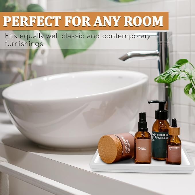 Acacia Rectangle Organizer Tray - 11.8 x 5.9 Inches, Soap Tray for Bathtub Countertop Sink Dresser Toilet Tank - Home Decoration for Jewelry Dish Key Plate (White)