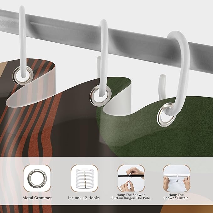 Glawry Dark Green Brown Boho Shower Curtain Abstract Mid Century Retro Tropical Leaves Modern Geometric Bathroom Minimalist Arch Sun 72Wx84L Inches Bath Accessories Art Home Decor Fabric 12 Pack Hooks