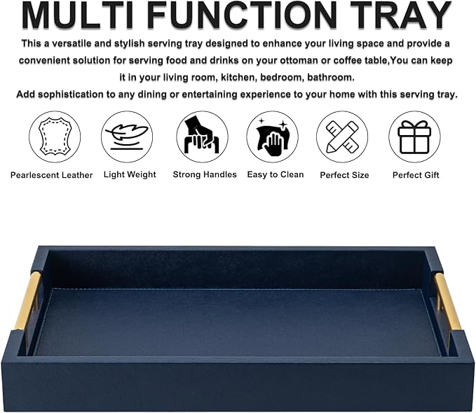 Navy Blue Faux Leather Serving Tray with Handles – Large Decorative Tray for Coffee Table, Ottoman, Living Room, Bathroom – Home Decor