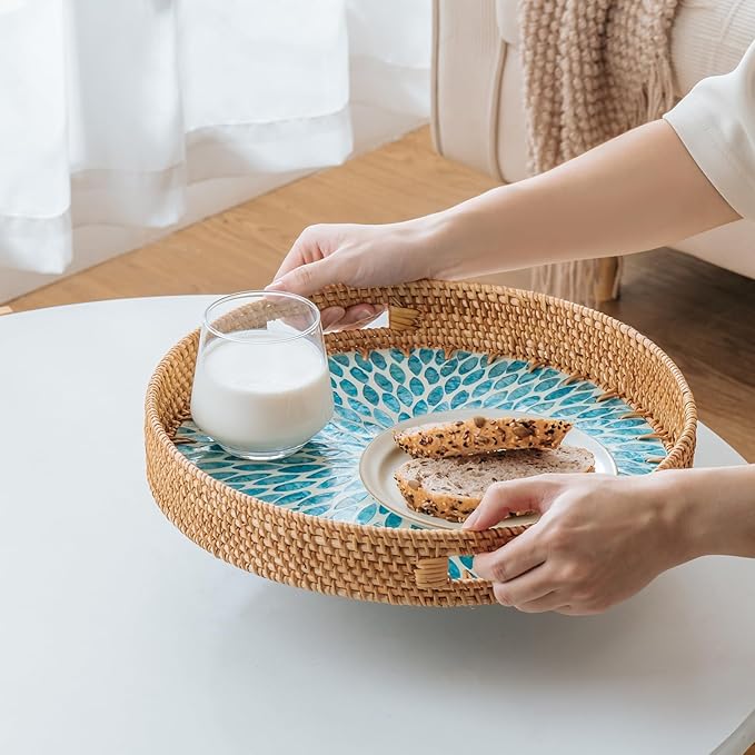 13.8 in Round Rattan Serving Tray with Handle, Mother of Pearl Inlay Wooden Base, Decorative Wicker for Table, Kitchen Island & Home Decor (Blue Leaf)