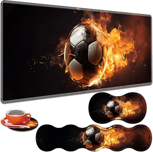 Large Gaming Table Pad 31.5 "x 11.8" + Keyboard Wrist Pad + Mouse Wrist Pad + Coaster Non-Slip Base 4-in-1 Set, Ergonomic Memory Foam, Easy Typing Pain Relief, Fire Football