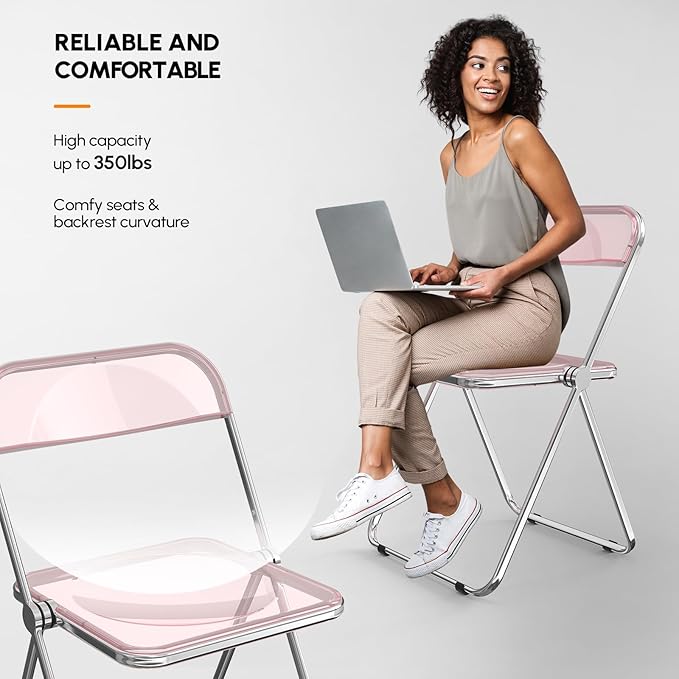 VINGLI Acrylic Folding Chairs 4 Pack, Clear Chair Foldable and Stackable, Plastic Panel & Metal Chrome Frame, Weight Capacity 350 lbs, Pink