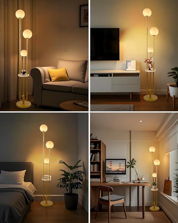 63IN Dimmable Floor Lamp with Shelf, Unique Globe Gold Tall Standing Lamps Candle Holder Style, 3000K Warmwhite Mid Century Modern Floor Lamp for Living Room Home Office(Bulbs Included)
