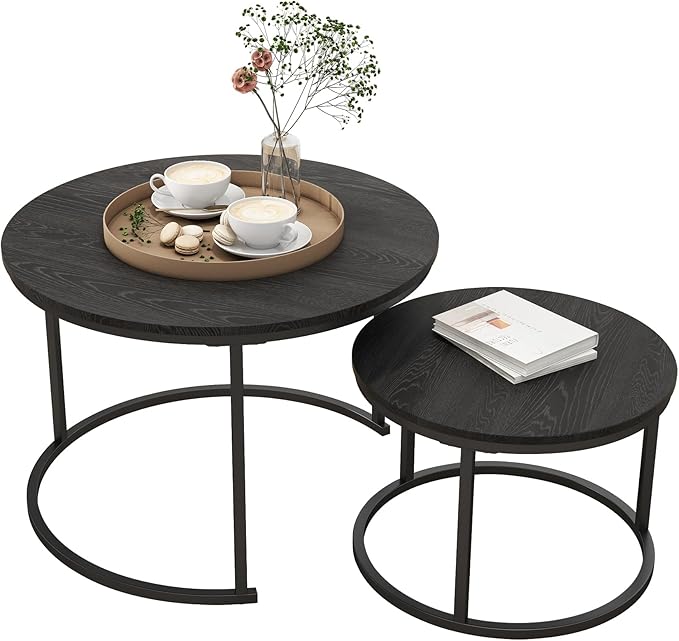 HOJINLINERO Small Coffee Table Set of 2, Round End Tables for Living Room, Modern Black Nesting Tables, Farmhouse Wood Side Table With Metal Frame, Easy Assembly, Stacking