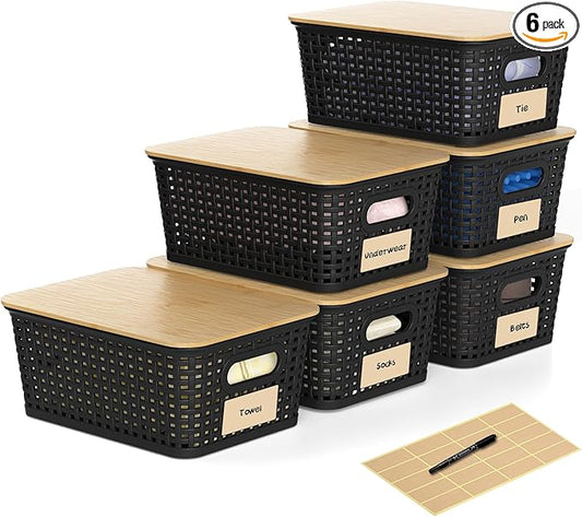 6 Pieces Black Plastic Storage Baskets with Bamboo Lids with Labels Stackable Storage Containers for Organizing Shelves Drawers Desktop Closets Playroom Classroom Office