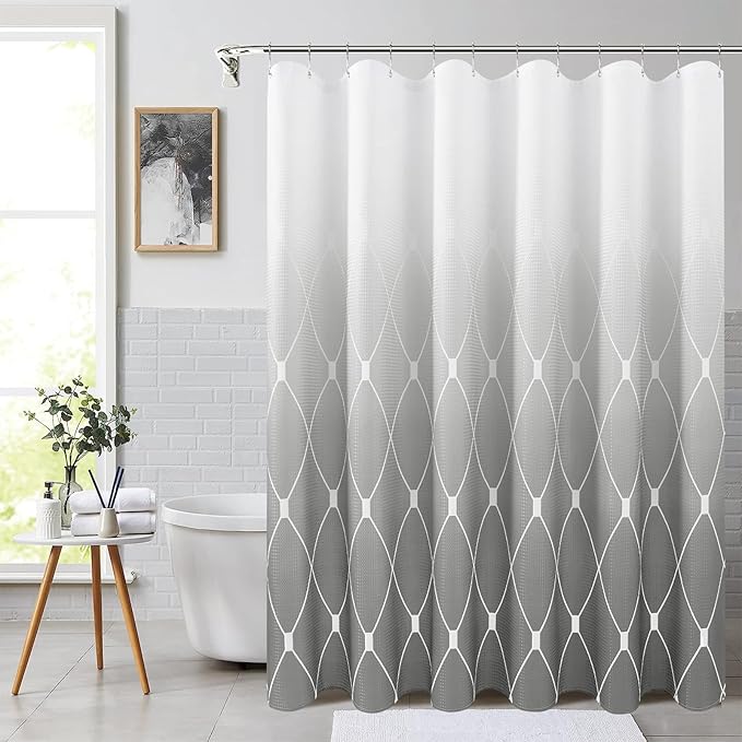 Grey and White Shower Curtain Sets for Bathroom, Modern Cool Ombre Geometric Waffle Cloth Fabric Polyester Shower Curtain Liner for Mens, Durable and Machine Washable, 72 x 72 Inches