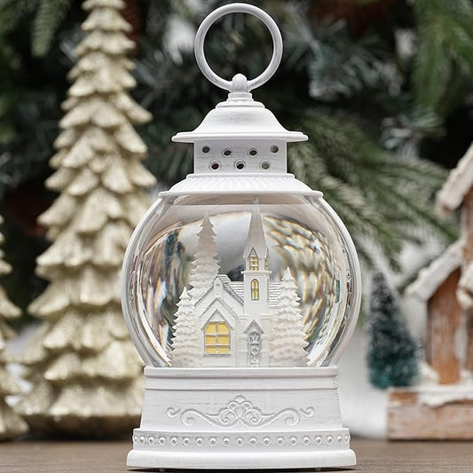 Christmas Church Snow Globe, Musical Snow Globe Lantern with Swirling Glitter, White Christmas Tree Churches, USB & Battery Operated Light-Up Christmas Decorations Indoor for Home