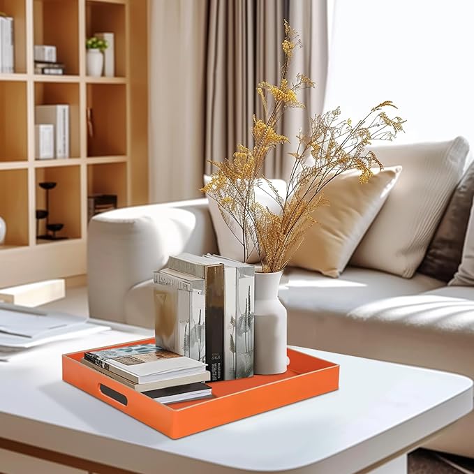 MAONAME Decorative Tray, Orange Serving Tray with Handles, Coffee Table Tray, Square Plastic Tray for Ottoman, Bathroom, Kitchen, 13"x13"x1.57"
