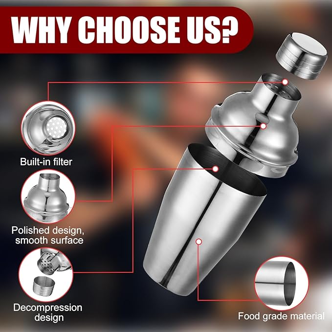 Nitial 9 Pcs Bar Cocktail Shaker Professional Stainless Steel Martini Drink Mixer with Built-in Strainer for Bartending No Leaks Boston Shaker for Bar Party Drink Mixing Tool (25 oz)