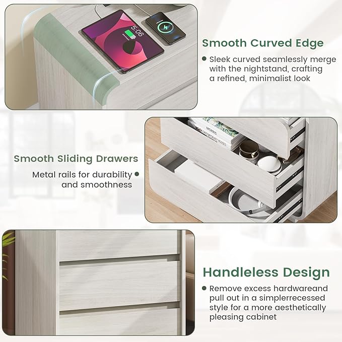 White Nightstand Set of 2 with Charging Station, 23.2" Wide Wood Bedside Table, Modern End Table with 3 Storage Drawers, Curved Profile, Mid Century Night Stand for Bedroom Dorm Office