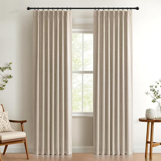 100% Blackout Shield Linen Look Textured Pinch Pleated Curtains Blackout Drapes 120 Inch Long 2 Panels Set, Faux Linen Blackout Curtains for Bedroom & Living Room, 40" W x 120" L, Oatmeal