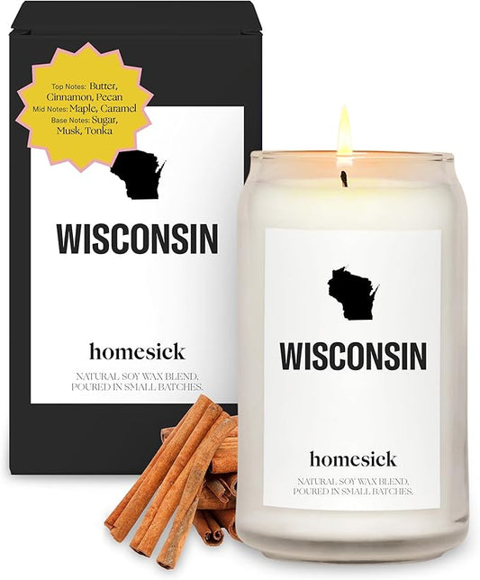 Homesick Scented Candles for Home (Wisconsin) - 13.75 oz Long-Lasting Soy Wax Jar Candle for Women & Men for All Occasions, 60-80 Hours Burn Time - Notes of Butter, Maple & Cranberry