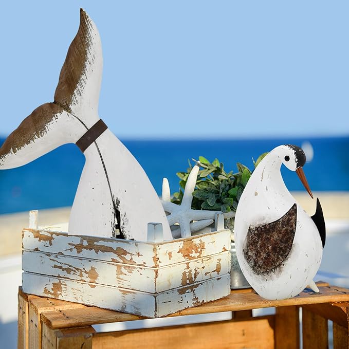 Wood Bird Statue Nautical Decor Decorative Rustic Seabird Sculpture Wooden Beach Themed Coastal Mediterranean Tabletop Decoration for Home Bathroom Living Room (M)