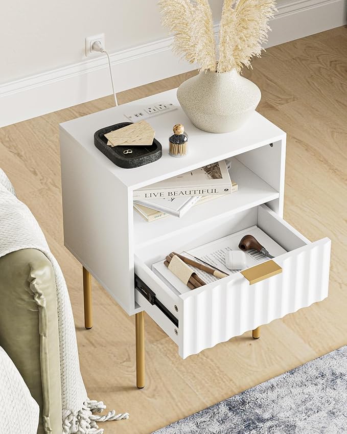Masupu Nightstand with Charging Station,Mid-Century Modern Bedside Table with Storage Drawer and Open Wood Shelf,Small Gold Frame Side Table for Bedroom,Living Room (White Fluted)