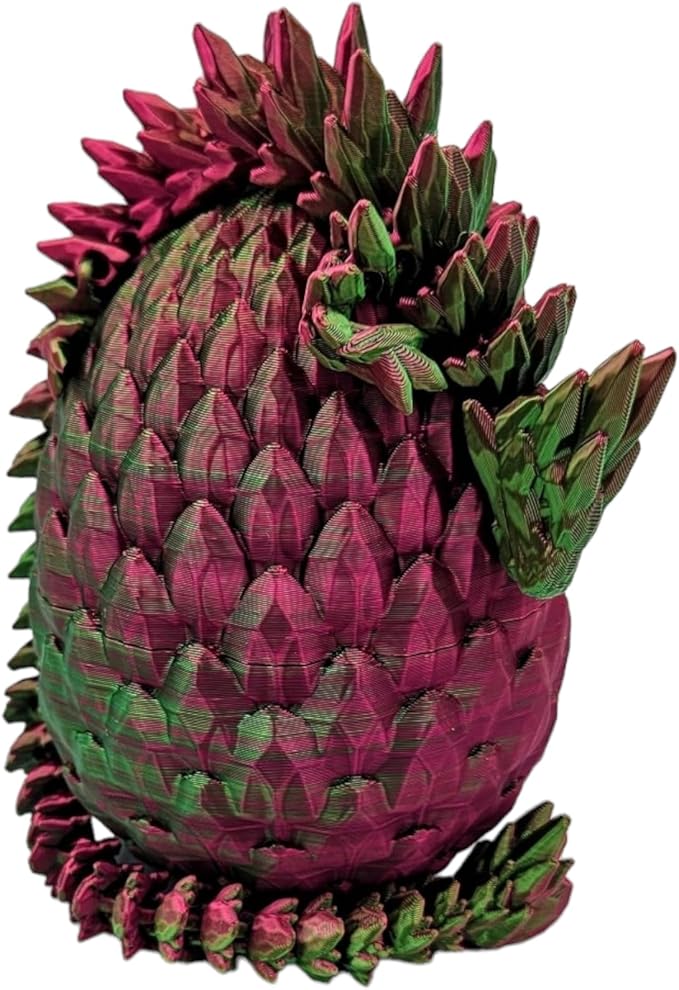 3D Printed Dragon Egg Articulating Gemstone Dragon Fidget Figurine - Vibrant Color Dragons Flexible ADHD, Autism and Anxiety Relief - Articulated Joints (Green/Red)