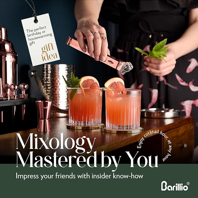 Barillio Rose Gold Bartender Kit - Stainless-Steel Cocktail Shaker Set w/Black Bamboo Stand - Mixology Bar Tools w/Drink Shaker, Mixer, Muddler for Cocktails - Home Bar Accessories - 23-Pc Bar Set
