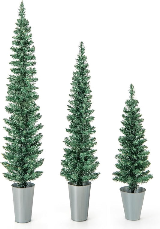 GOFLAME Set of 3 Potted Christmas Tree, 3’ 4’ 5’ Slim Pencil Trees with 120, 140, 160 Branch Tips & Cement-Filled Metal Bases, Artificial Entrance Xmas Trees for Porch, Front Door, Entryway