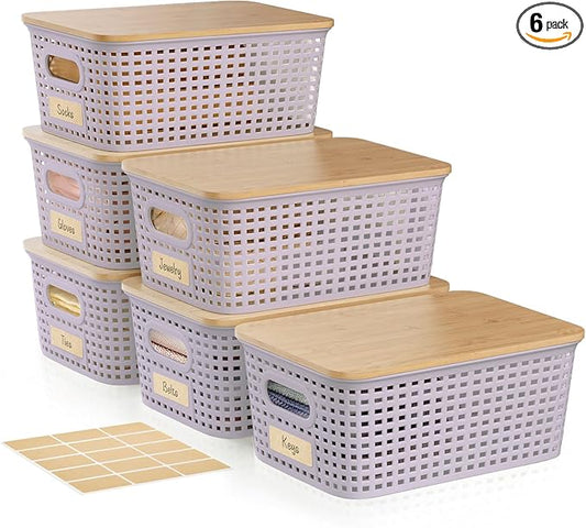Small Storage Bins with Bamboo Lid, Plastic Storage Box with Lid, 5QT Stackable Organizing Basket with Lable,Storage Container for Classroom, Office, Closet, Shelf Organization, 10x7x4 In-Purple-6 Pcs