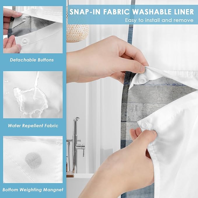 No Hook Blue Daisy and Butterfly Shower Curtain with Snap in Fabric Liner Set, Rustic Farmhouse Double Layers Waterproof Fabric with See Through Top Window Open Grommet Bath Curtain 71x74 Inch