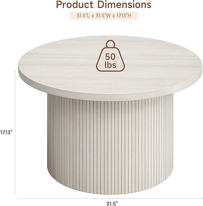 ONBRILL 31.5" Round Coffee Table, Tambour Design Coffee Tables for Living Room, Mid Century Modern Wood Coffee Table, Drum Accent Small Center Table, Natural White