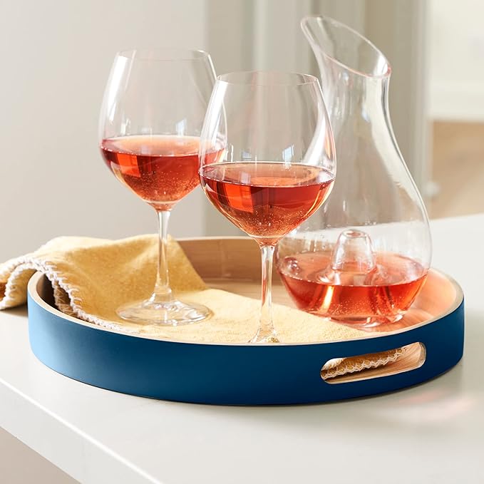 Spun Bamboo Round Wooden Tray, Blue, 13.75 Inches