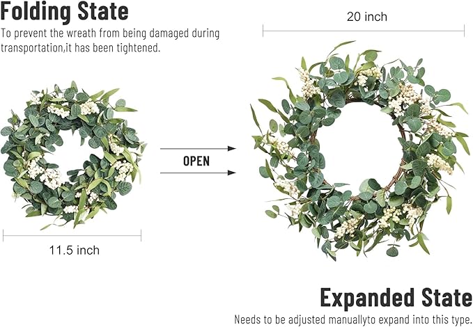 Pinkpum 20'' Eucalyptus Wreath for Front Door, Porch, Window - Green Decor for Home, Farmhouse - Spring, Summer, Fall, All Seasons