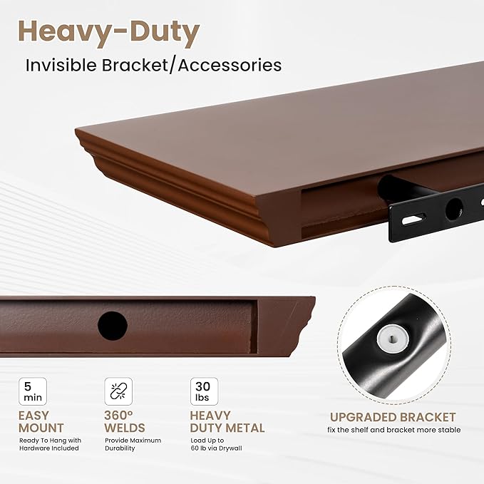 Axeman 72 Inch Floating Shelves for Wall, 9.3" Deep Crown Molding Wood Display Shelf with Heavy Duty Invisible Brackets for Living Room, Bedroom, Bathroom, Kitchen Decor & Storage, Set of 1, Walnut