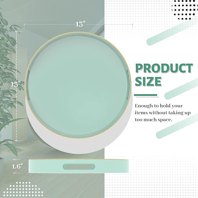MAONAME Mint Green Decorative Tray for Coffee Table, Modern Round Serving Trays with Handles, 13" Plastic Tea Trays for Ottoman, Bathroom Decor