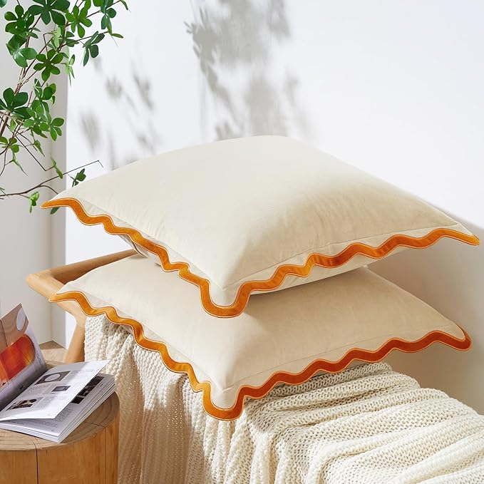 MONDAY MOOSE Decorative Throw Pillow Covers Cushion Cases, Set of 2 Soft Velvet Scalloped Wavy Edge Designs, Mix and Match for Home Decor, Pillow Inserts Not Included (Honey/Cream, 20x20 inch)