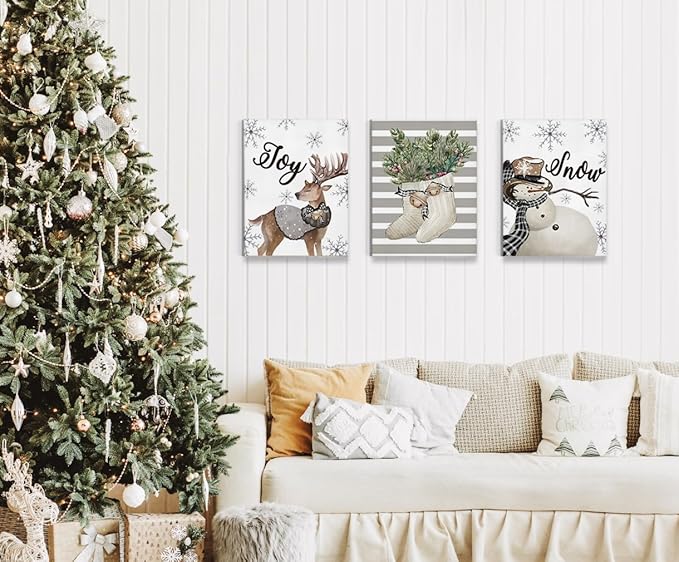 BIWSHA Christmas Wall Art Prints,Winter Wall Posters Aesthetic Wall Art Set of 3,Reindeer Snowman Christmas Decor,Wall Prints Decor for Living Room Bedroom Porch,11×14 Inch