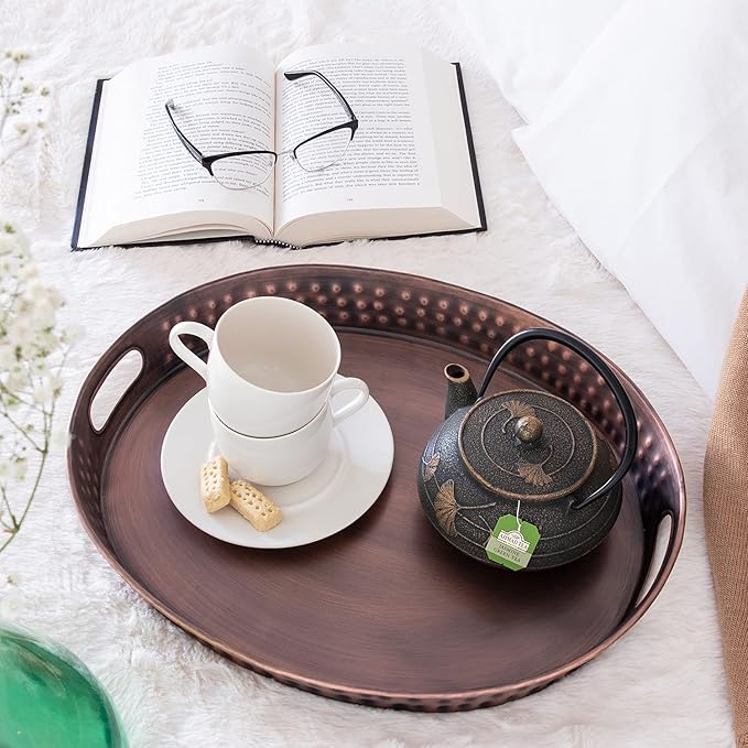 Monarch Abode Hand Hammered Metal Serving Tray with Handles, 17-Inch Antique Copper Finish– Oval Serving Platter, Large Serving Tray for Party, Fruit Platter, Dessert Trays, Serving Dishes